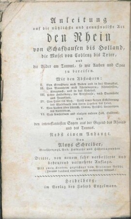 Handbuch für Reisende am Rhein von Schafhausen bis Holland, in die schönsten anliegenden Gegenden und an die dortigen Heilquellen