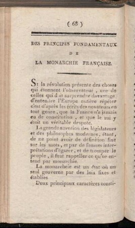 Des Principes Fondamentaux de la Monarchie Française.