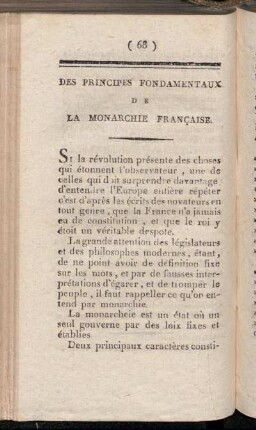 Des Principes Fondamentaux de la Monarchie Française.