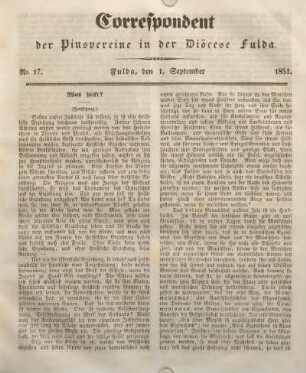 Nr. 17. Fulda, den 1. September 1851.
