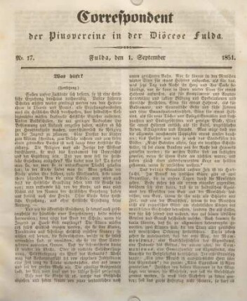 Nr. 17. Fulda, den 1. September 1851.