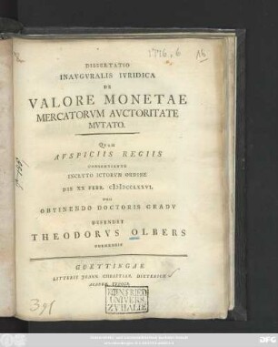 Dissertatio Inavgvralis Ivridica De Valore Monetae Mercatorvm Avctoritate Mvtato