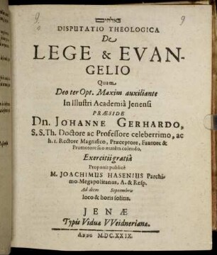 Disputatio Theologica De Lege & Evangelio