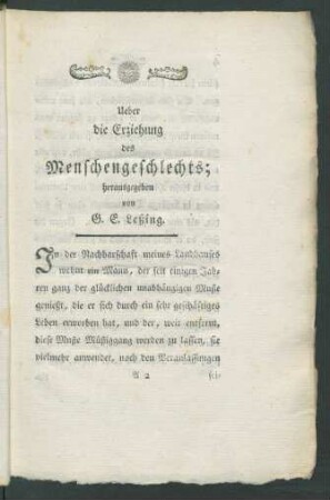 Ueber die Erziehung des Menschengeschlechts; harausgegeben von G. E. Leßing