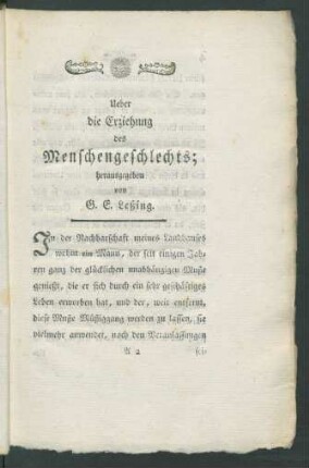 Ueber die Erziehung des Menschengeschlechts; harausgegeben von G. E. Leßing