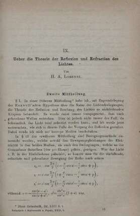 IX. Ueber die Theorie der Reflexion und Refraction des Lichtes.
