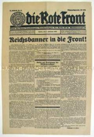 Wochenzeitung des RFB "Die Rote Front" mit Werbung um die Mitglieder und Anhänger des Reichsbanner
