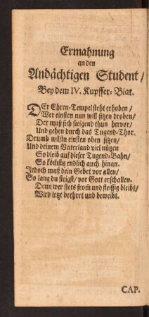 Ermahnung an den Andächtigen Studen/ Bey dem IV. Kupffer-Blat.