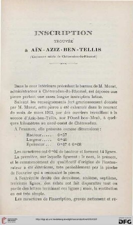 Sér. 5: Inscription trouvée à Aïn-Aziz-ben-Tellis : (commune mixte de Châteaudun-du-Rhumel)