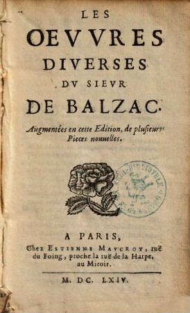 Les Oevvres Diverses Dv Sievr De Balzac
