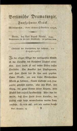 Funfzehntes Stück. Mittwochs, den 26ten Oktober 1797