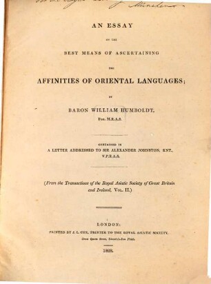 An Essay on the best Means of ascertaining the Affinities of oriental Languages