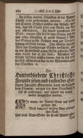 Die Hinterbliebene Christliche Freunde sehen und ruffen der Seeligen Jungfer Sturmin nach in folgendem Carmine, welches bey ihrer Begräbniß...
