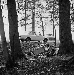 Kneeden: wilde Müllentsorgung im Wald: rechts und links Baumstämme: hinten Mitte Pkws und Bäume