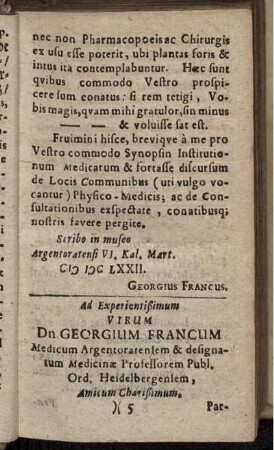 Ad Experientißimum Virum Dn. Georgium Francum ...