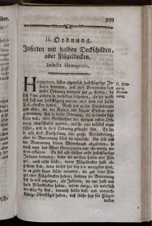 II. Ordnung. Insekten mit halben Deckschilden, oder Flügeldecken. Insecta Hemiptera.
