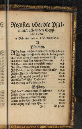 Register vber die Psalmen/auch andere Geystliche Lieder.