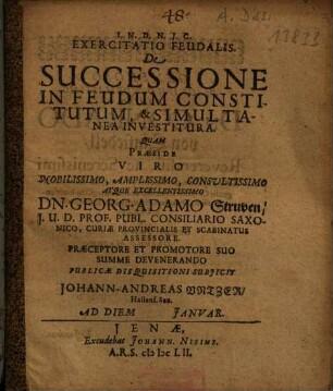 Exercitatio Feudalis. De Successione In Feudum Constitutum, & Simultanea Investitura