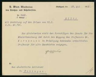 Wiederbesetzung der Professur für alte Geschichte (27.05.1918)