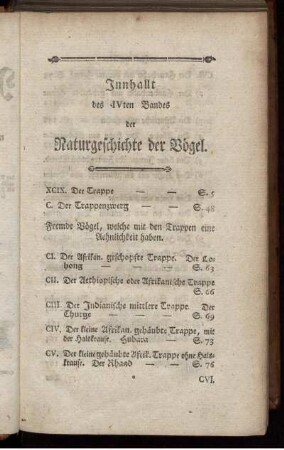 Innhallt des IVten Bandes der Naturgeschichte der Vögel.
