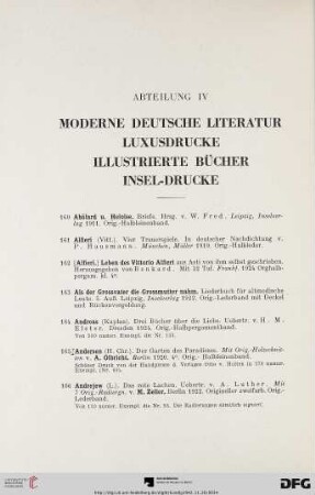 Abteilung IV: Moderne Deutsche Literatur – Luxusdrucke – Illustrierte Bücher – Insel-Drucke (Nr. 160-848)