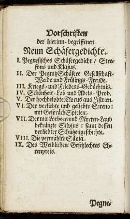 Vorschriften der hierinn-begriffenen Neun Schäfergedichte.