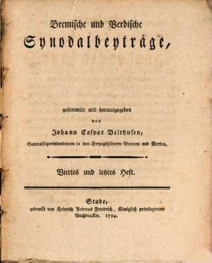 Bremische und Verdische Synodalbeyträge, Viertes und letztes Heft