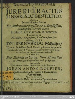Dissertatio inauguralis: De jure retractus lineari seu gentilitio