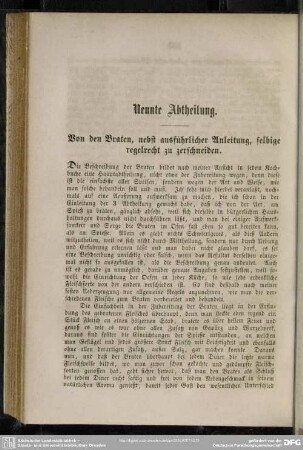 Neunte Abtheilung. Von den Braten, nebst ausführlicher Anleitung, selbige regelrecht zu zerschneiden