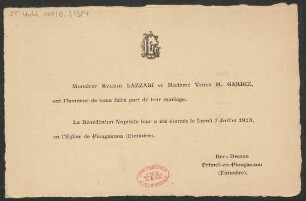 Bekanntgabe der Hochzeit von Silvio Lazzari und H. Gardie