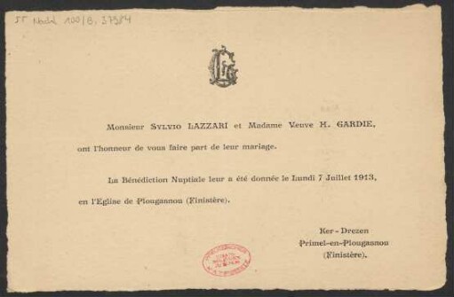 Bekanntgabe der Hochzeit von Silvio Lazzari und H. Gardie