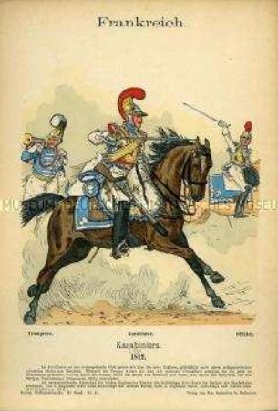 Uniformdarstellung, Trompeter, Gemeiner und Offizier des 2. Karabinier-Regiments, Erstes Kaiserreich Frankreich, 1812.