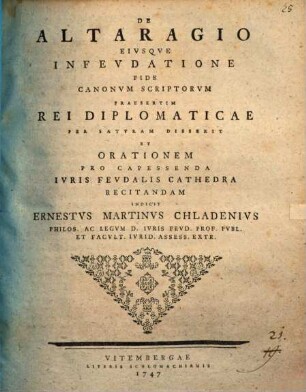 De altaragio, eiusque infeudatione fide canonum scriptorum praesertim rei diplomaticae ...