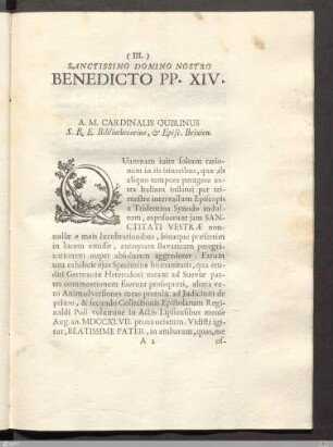 Sanctissimo Domino Nostro Benedicto PP. XIV.