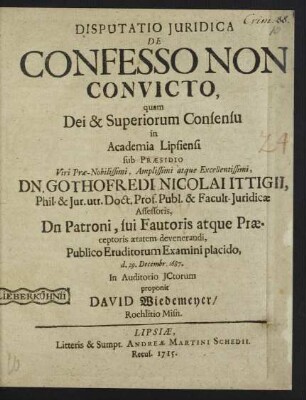 Disputatio Iuridica De Confesso Non Convicto