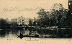 Postkartenalbum mit Motiven von Karlsruhe. "Karlsruhe. Festhalle mit See". Stadtgartensee und Festhalle