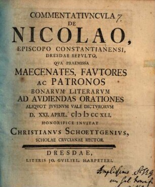 Commentatiuncula de Nicolao, episcopo Constantianensi, Dresdae sepulto