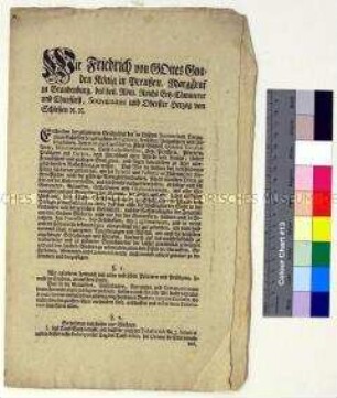 Verordnung von Friedrich II. König in Preußen betreffend Führung der Kirchenbücher und Meldung der Geburten und Todesfälle