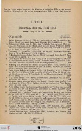 I. Teil: Dienstag, den 22. Juni 1943, Beginn 14 Uhr (Nr. 1-198)