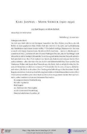 Kalr Jaspers- Mohr Siebeck (Verlag J.C.B. MOHR, Tübingen) 1921-1932