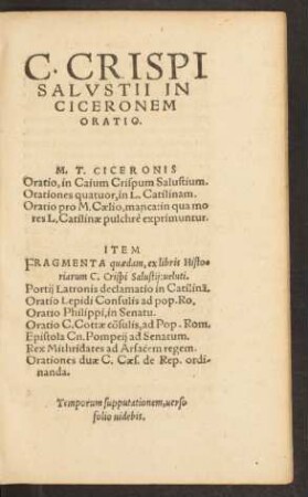 C. Crispi Salustii In Ciceronem Oratio.