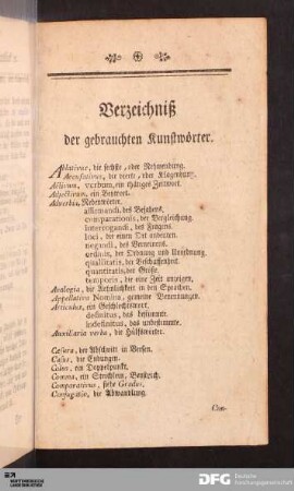 Verzeichniß der gebrauchten Kunstwörter