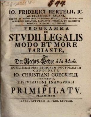 Programma De Studii Legalis Modo Et More Variante,Von Der Rechts-Lehre a la Mode.
