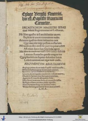 Egloge Vergilij Neoterici. hoc est. Baptiste Mantuani Carmelite