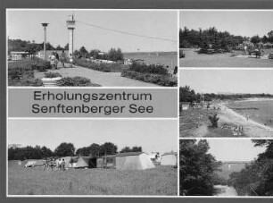 Senftenberg-Großkoschen. "Erholungszentrum Senftenberger See", Ansichtskarte, Großkoschen, Strandpromenade; Niemtsch, Campingplatz; Großkoschen, Sportanlage; Senftenberg, Strand; Gro koschen, Blick zum See; Farbfotos: Darr, Reichenbach
