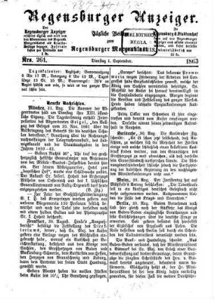 Regensburger Anzeiger : General-Anzeiger und Handelszeitung. 1863,9-12, 1863, Nro. 261 (1. September) - Nro. 381 (31. Dezbember)