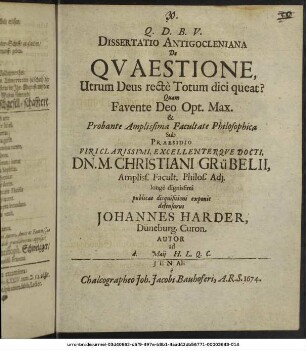 Dissertatio Antigocleniana De Quaestione, Utrum Deus recte Totum dici queat?