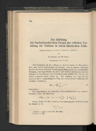 Zur Ableitung der Smoluchowskischen Formel der örtlichen Verteilung der Teilchen in einem kinetischen Felde.