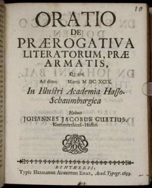 Oratio De Praerogativa Literatorum, Prae Armatis