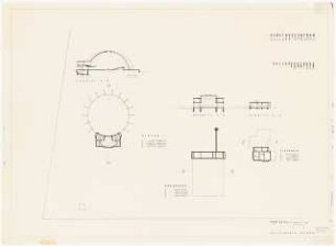 Gemeindezentrum Buckow-Ost, Berlin-Buckow: Grundriss Kellergeschoss, 3 Schnitte Kirche, Gemeindehaus, Pfarrhaus 1:200